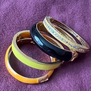 4 J. Crew Gold/Iridescent Crystals Black, Yellow, and Orange Enamel Bracelet Set